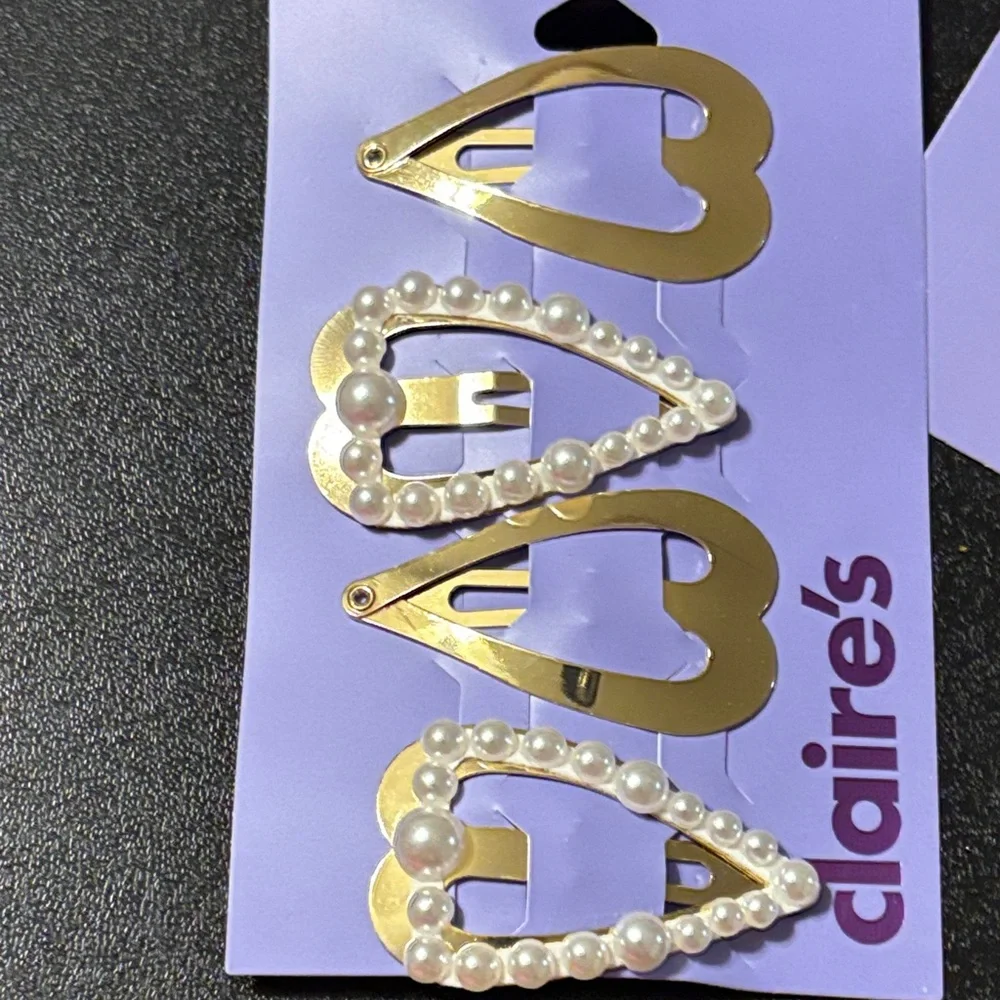 Claire's Accessories.Pearl Heart‎ Barrettes,Peace Sign Ring, French Fry Necklace